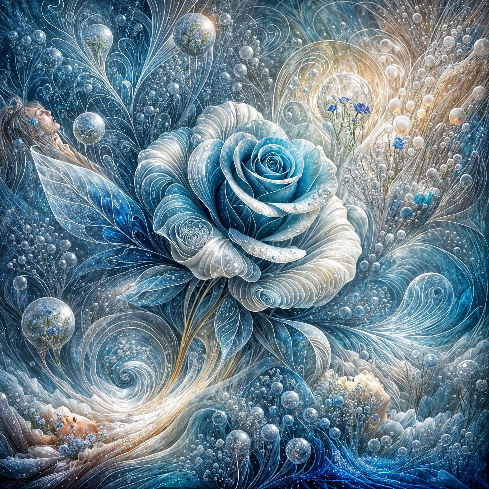 Blue Porcelain Rose Dreamscape: Art Nouveau Fantasy