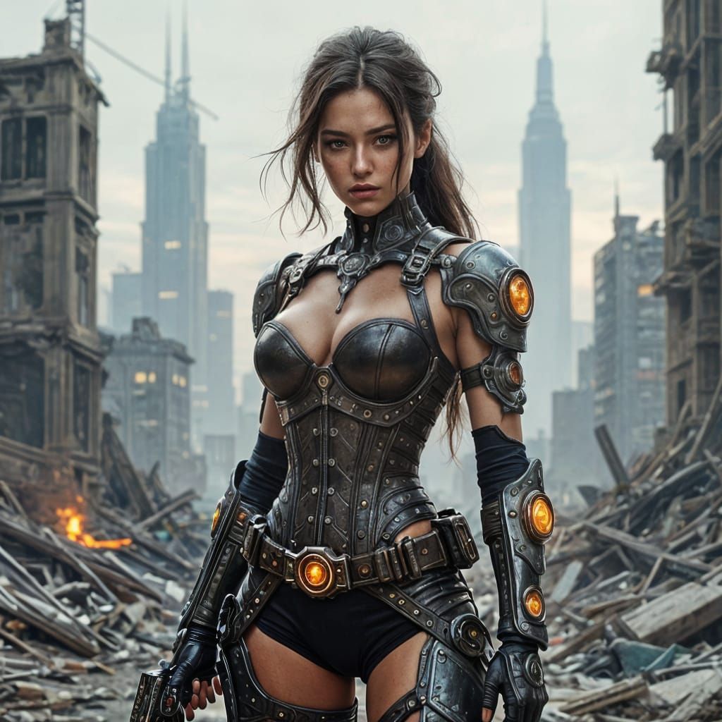 Steampunk Cyborg Warrior in War-Torn Cityscape