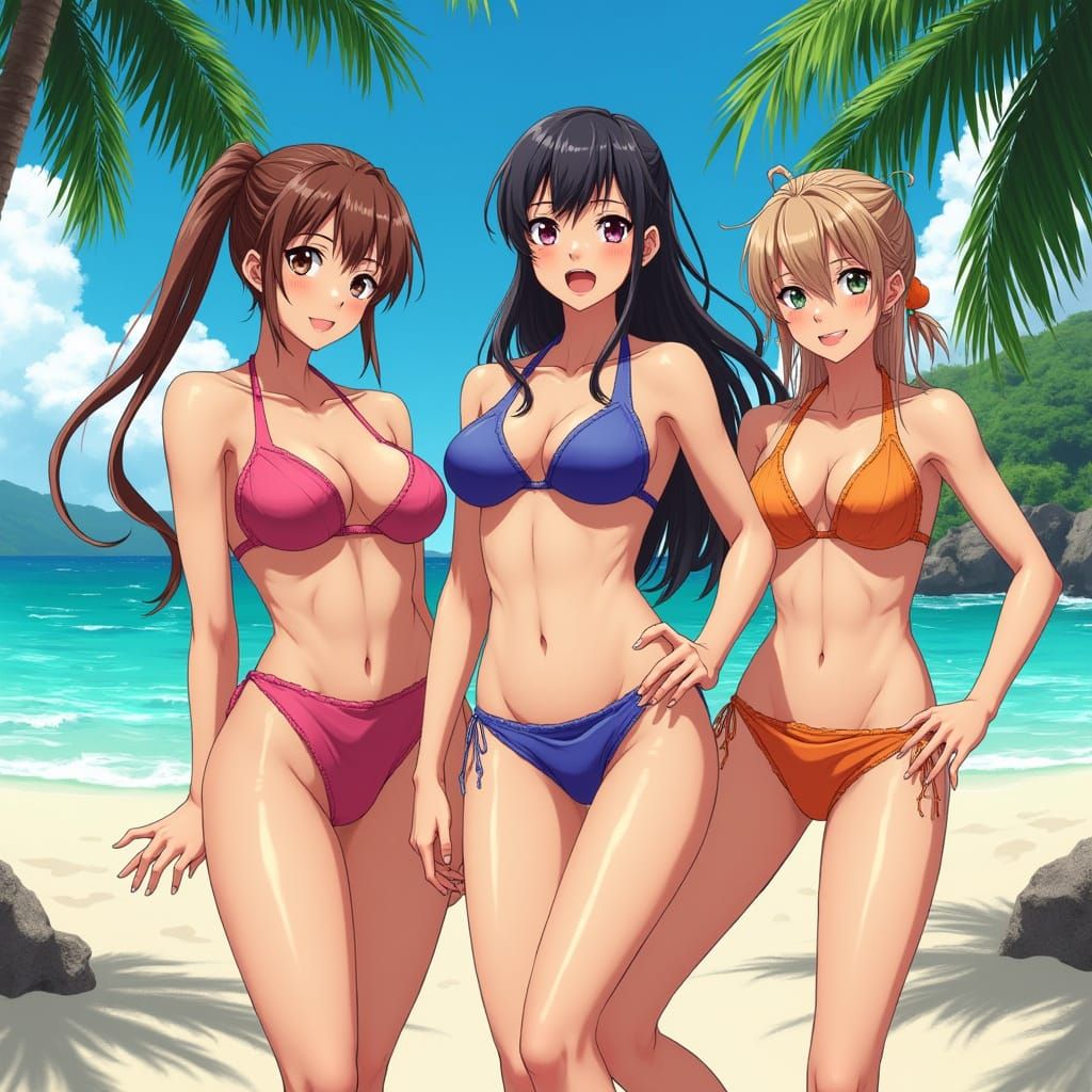 Confident Anime Beach Babes in Vibrant Bikinis