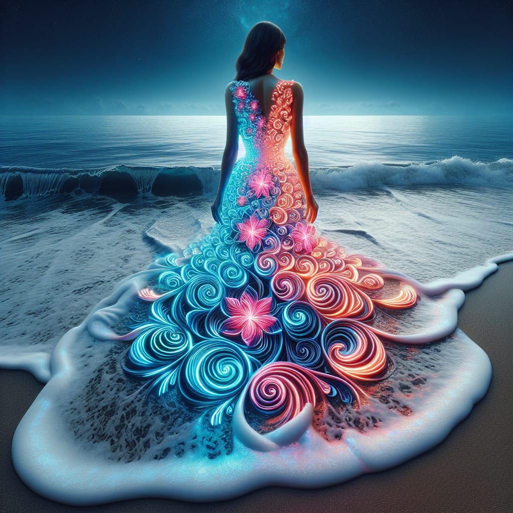 Neon Floral Vortex Dress on Ocean Shore as 3D Art