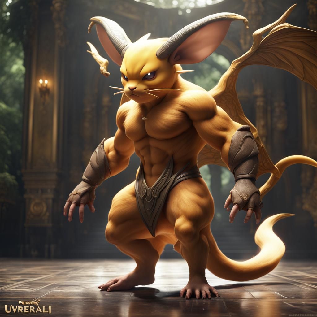 Hyperrealistic Raichu Fusion: Mystical Winged Warrior