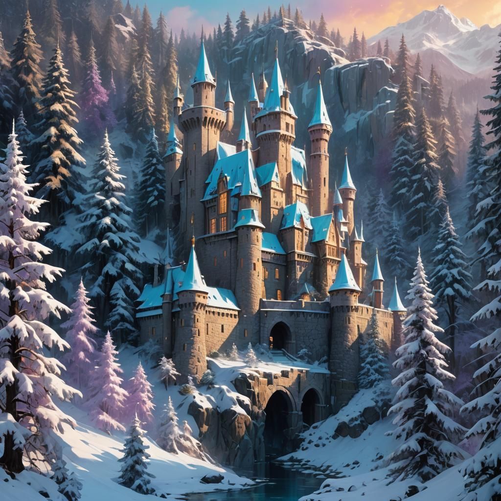 Snowy Castle in Mystical Winter Woods