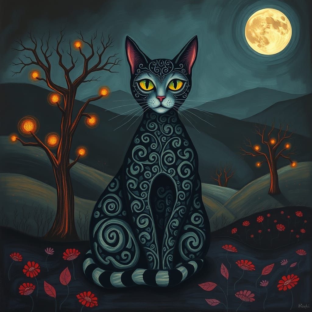 Whimsical Cat in Surreal Landscape, Inspired by Masters