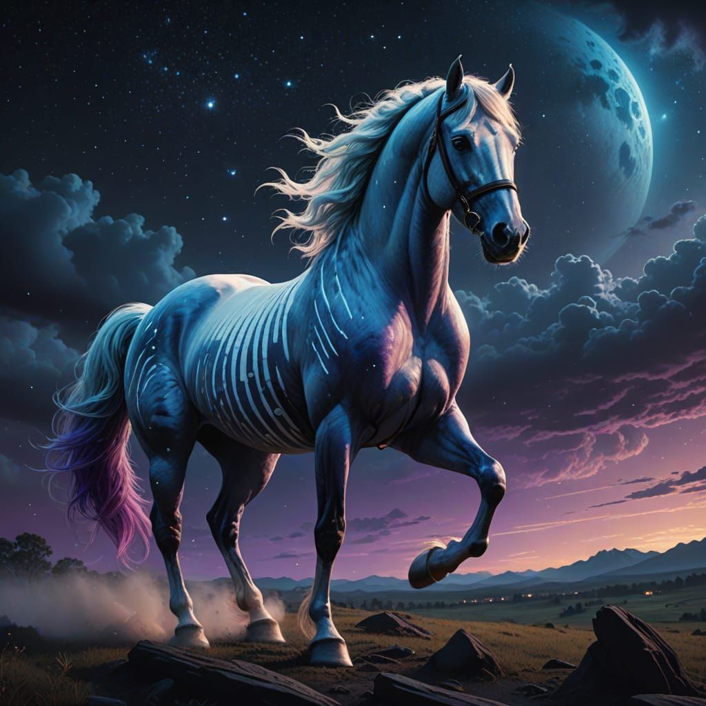 Epic Horse Rears Up on Cloudy Night Sky in Vibrant Hues