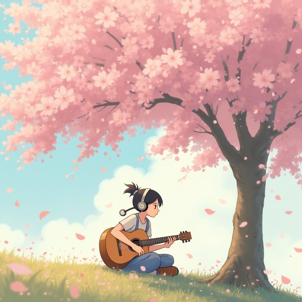 Girl with Guitar under Cherry Blossom Tree: Ghibli Style
