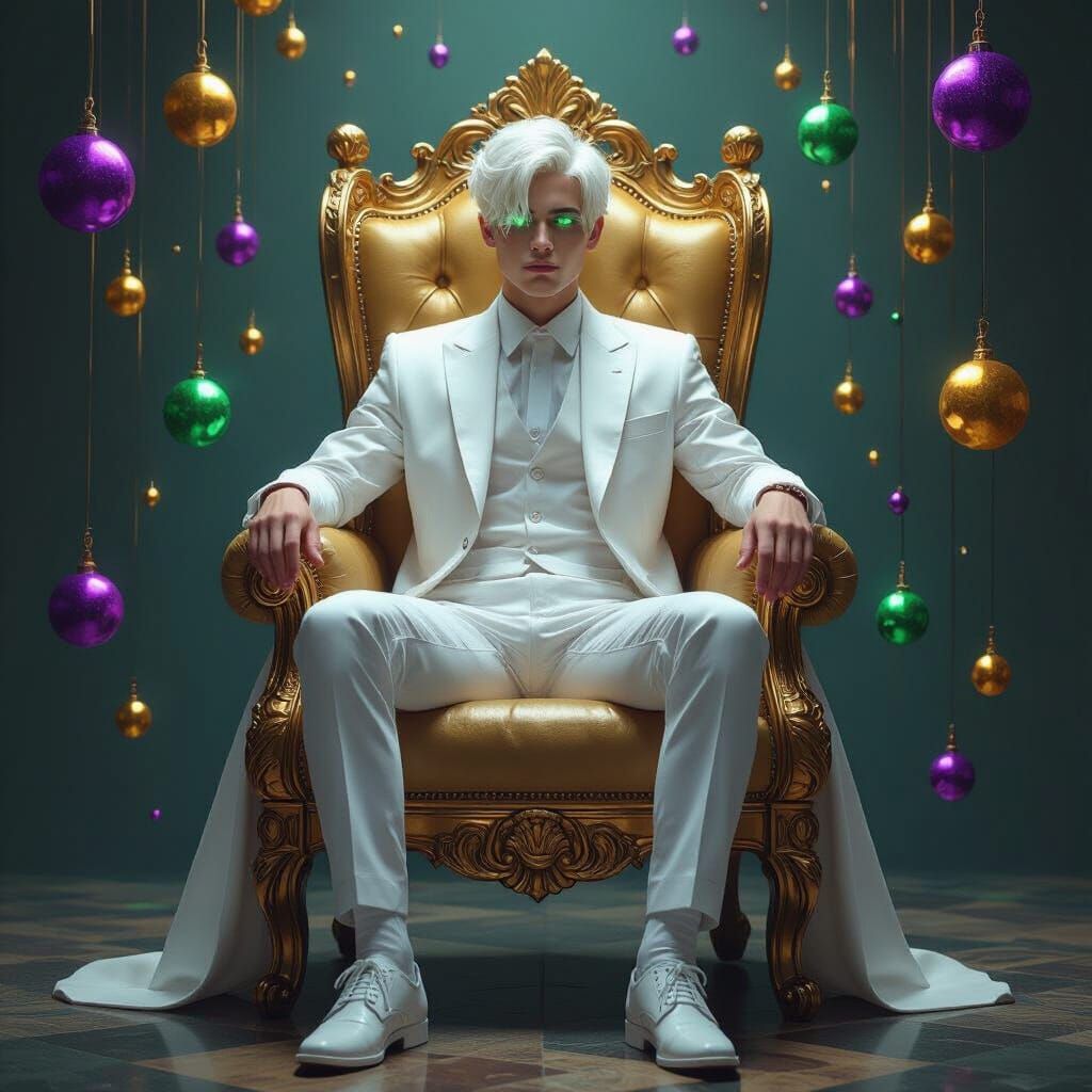 Androgynous Man on Golden Throne in Digital Art Style