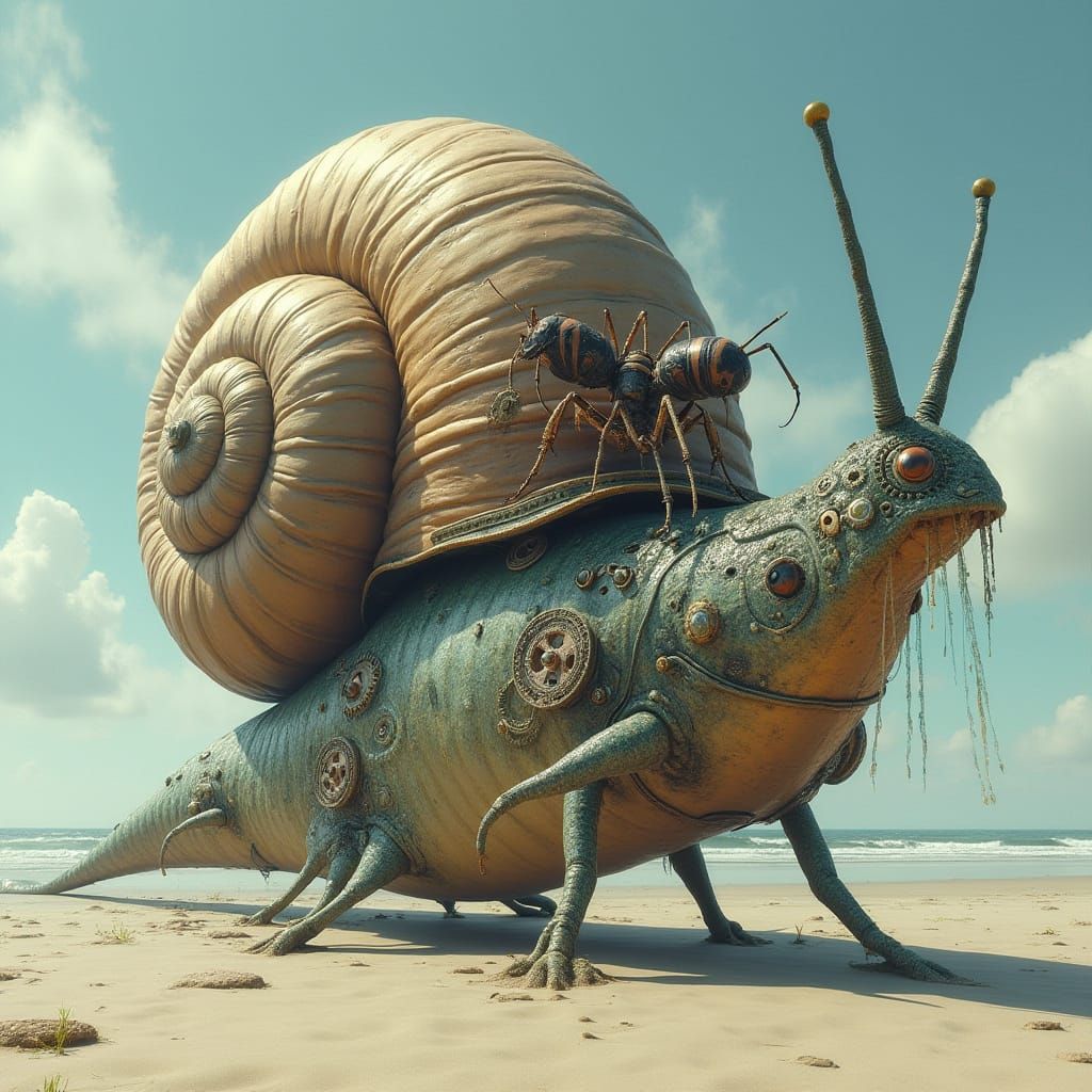 Steampunk Snail and Ant on Gigantic Fish