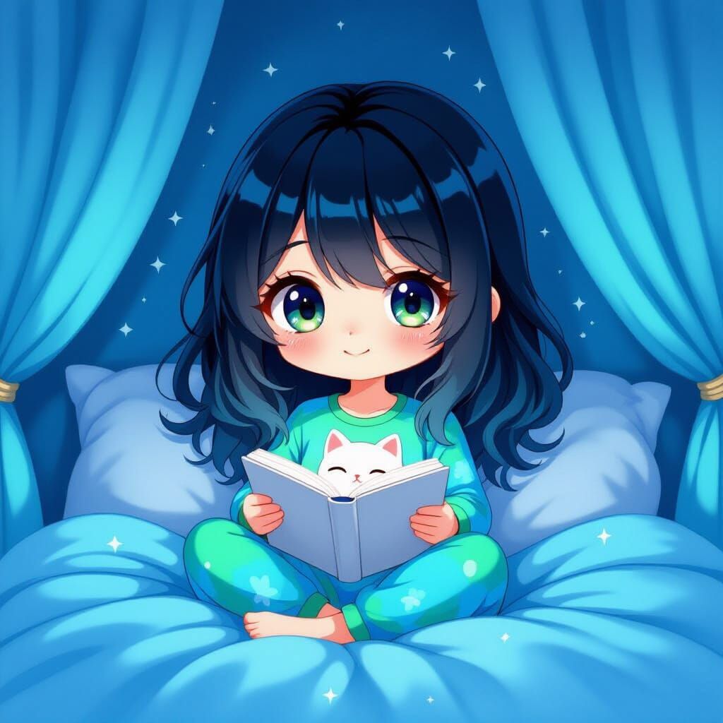Chibi Girl Reading in Bed, Dreamy Art Style