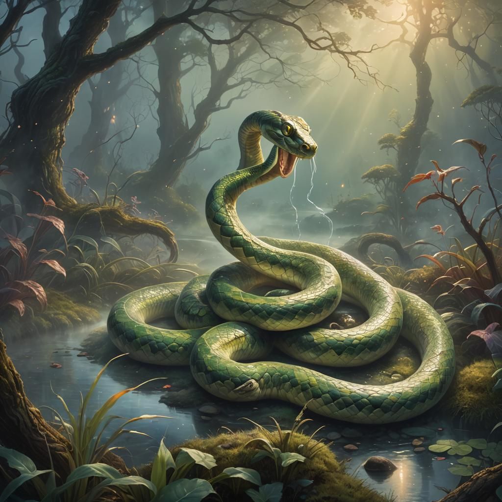 Ethereal Snake Emerges from Mist: Kinkade-Inspired Art