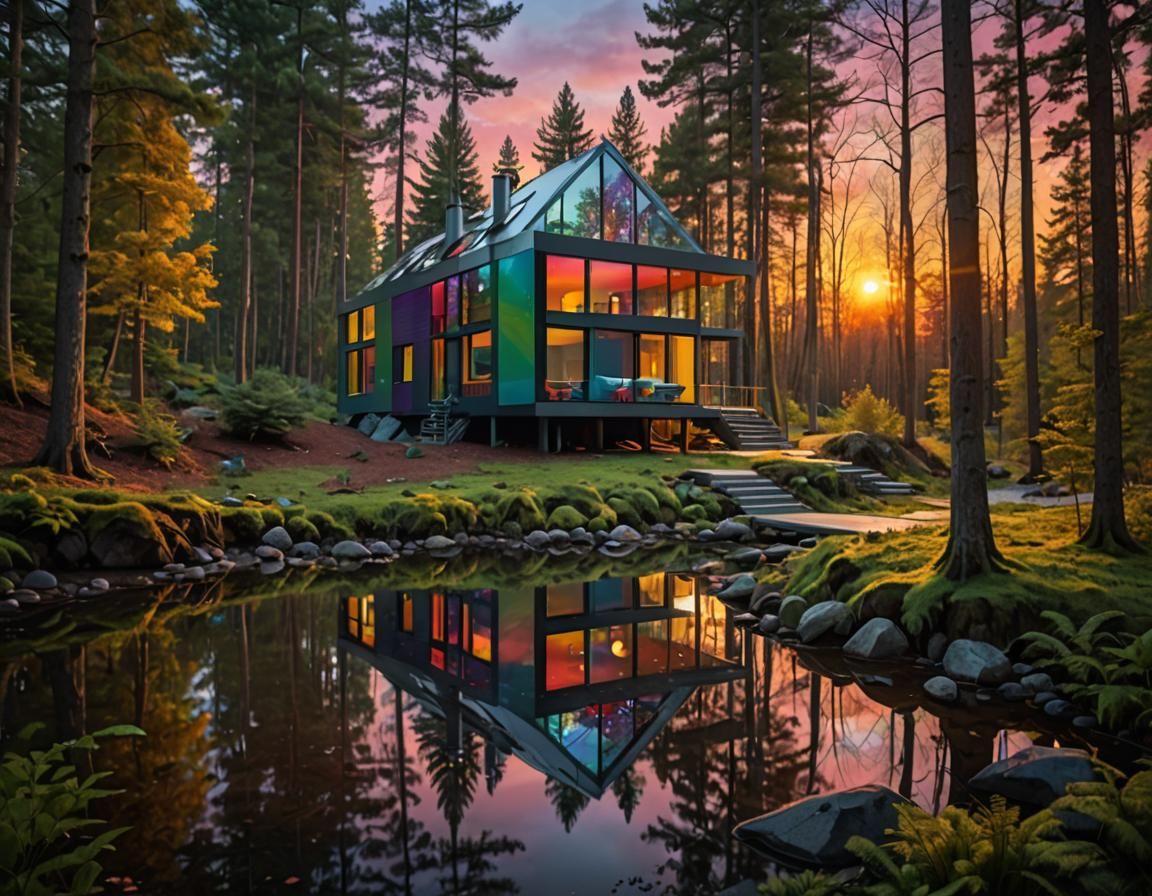 Ultramodern House Reflecting a Rainbow Sunset