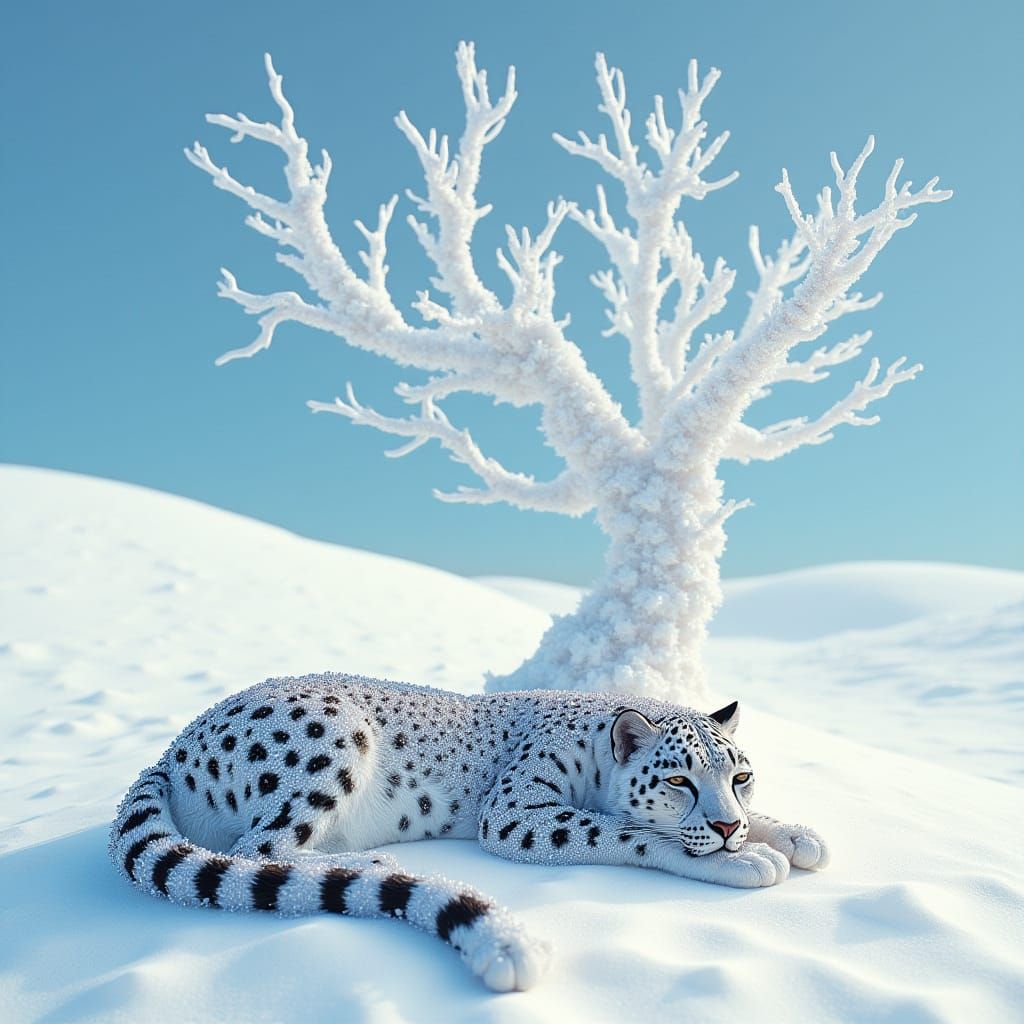 Beaded Snow Leopard Asleep Beneath Crystal Tree