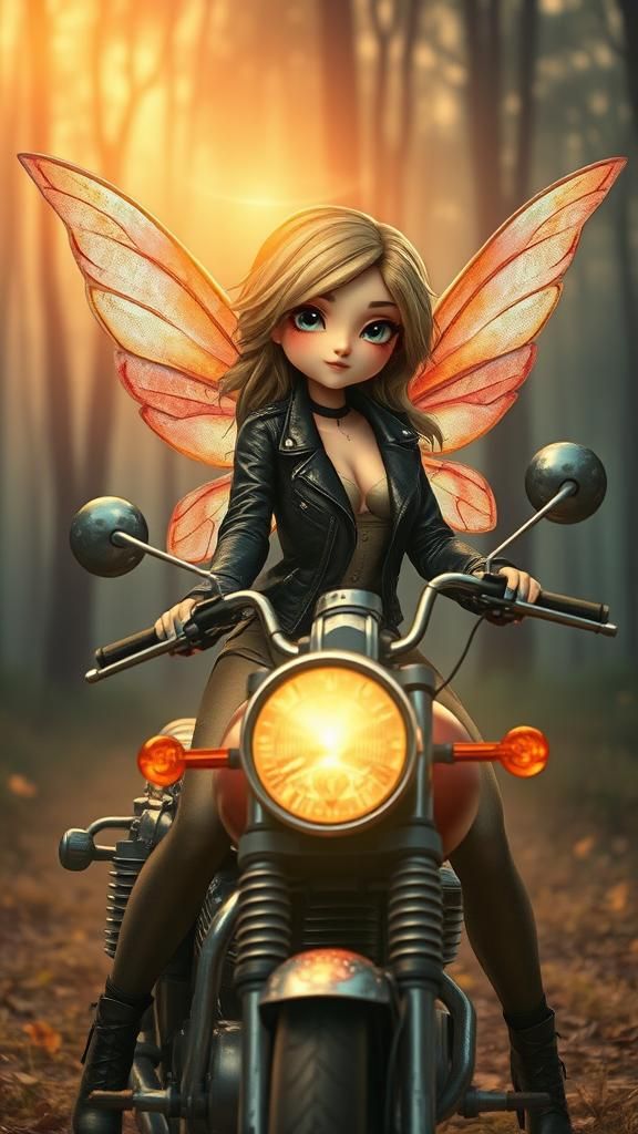 Fairy on Motorcycle in Ethereal Forest Light