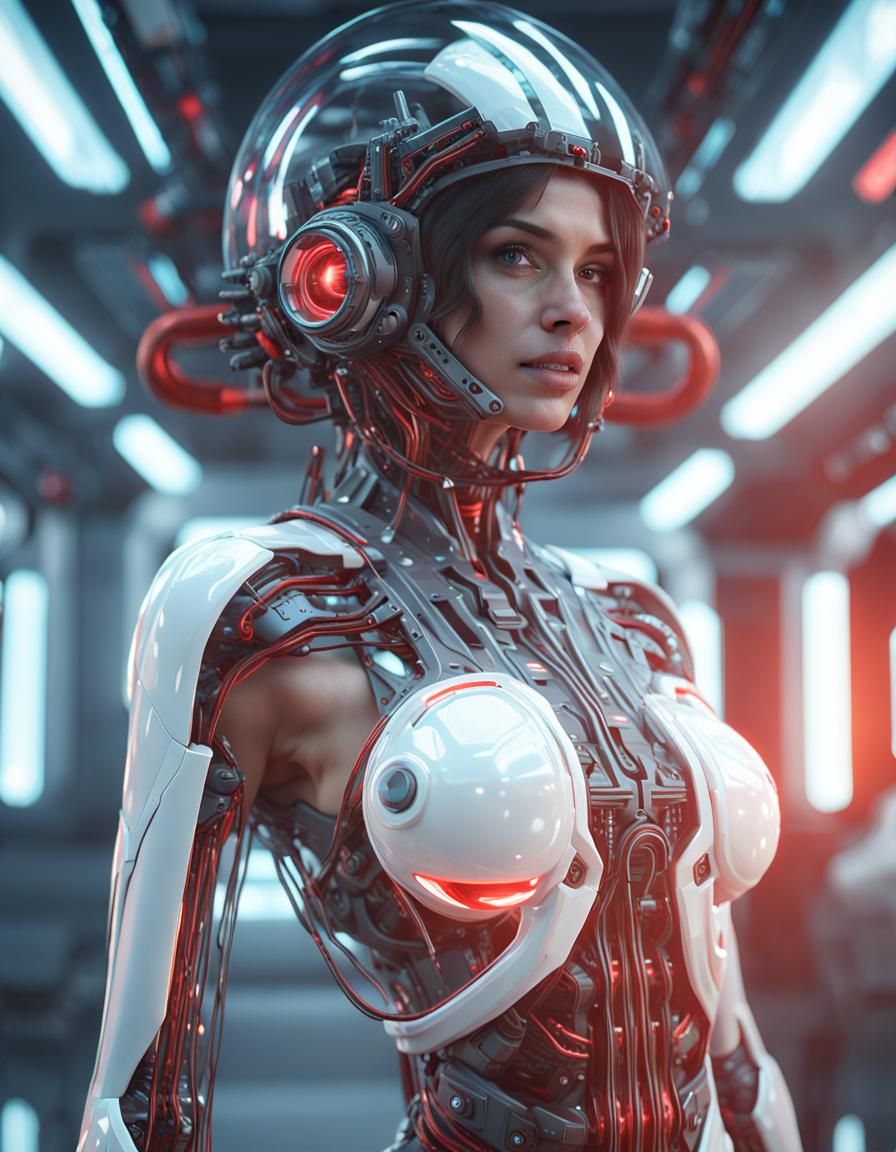 Brunette in Biomechanical Spacesuit, Futuristic Sci-Fi Art