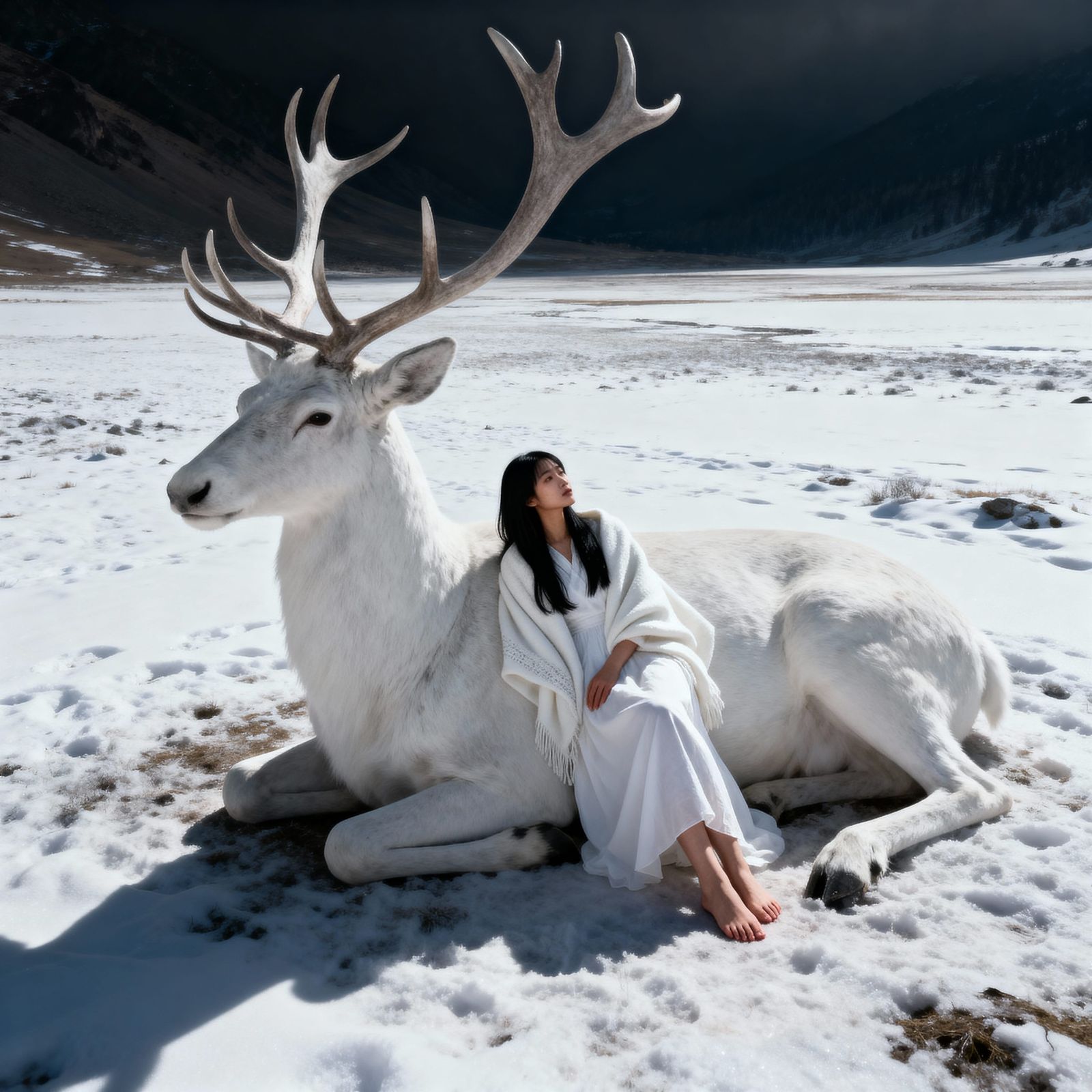 Asian Woman Sitting With Deer in Snowy Landscape