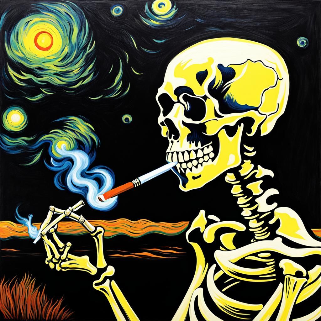 Smoking Skeleton: A Post-Impressionist Oil Painting