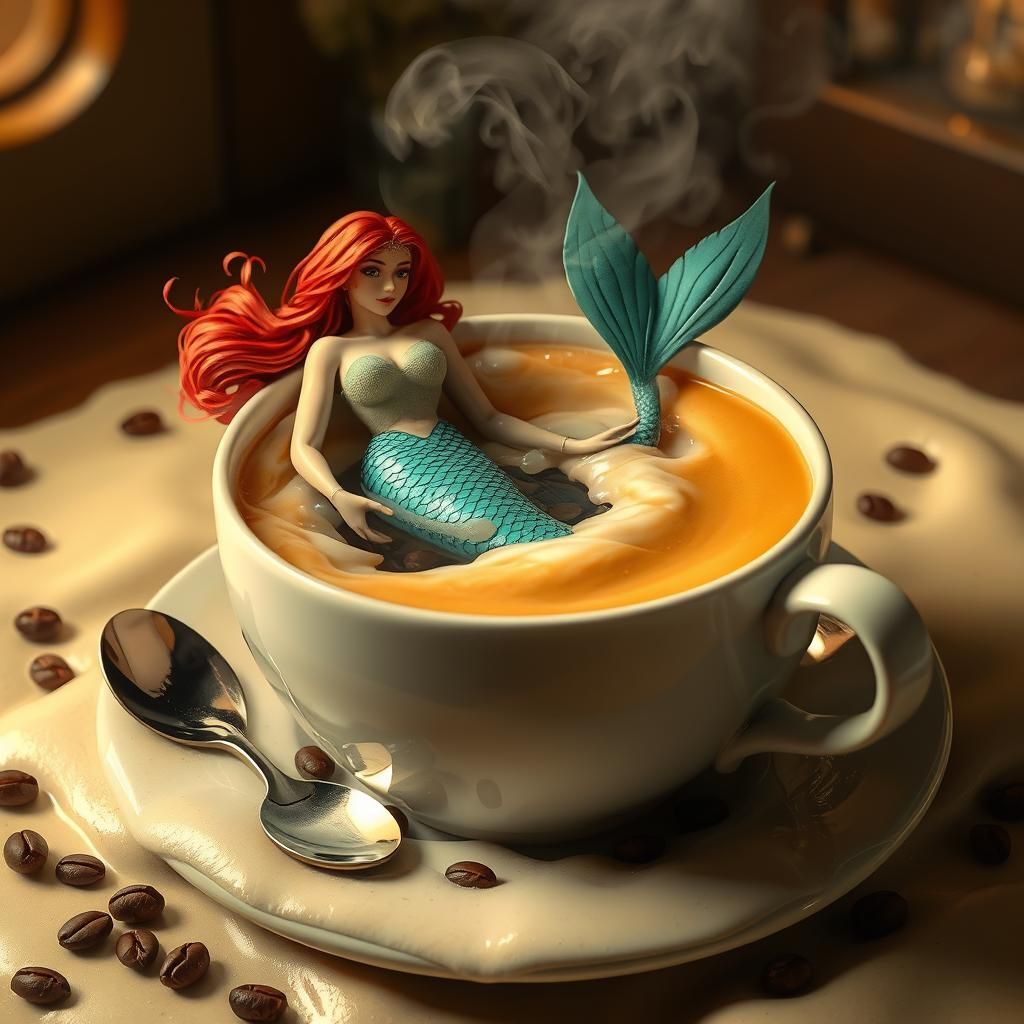 Mermaid Swims in Giant Cup of Coffee