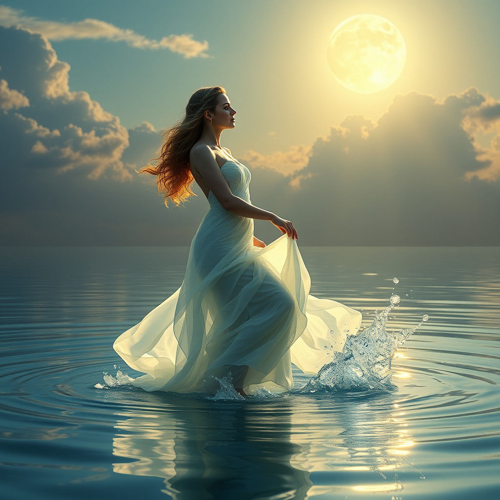 Majestic Woman Emerges from Water in Dreamlike Scene