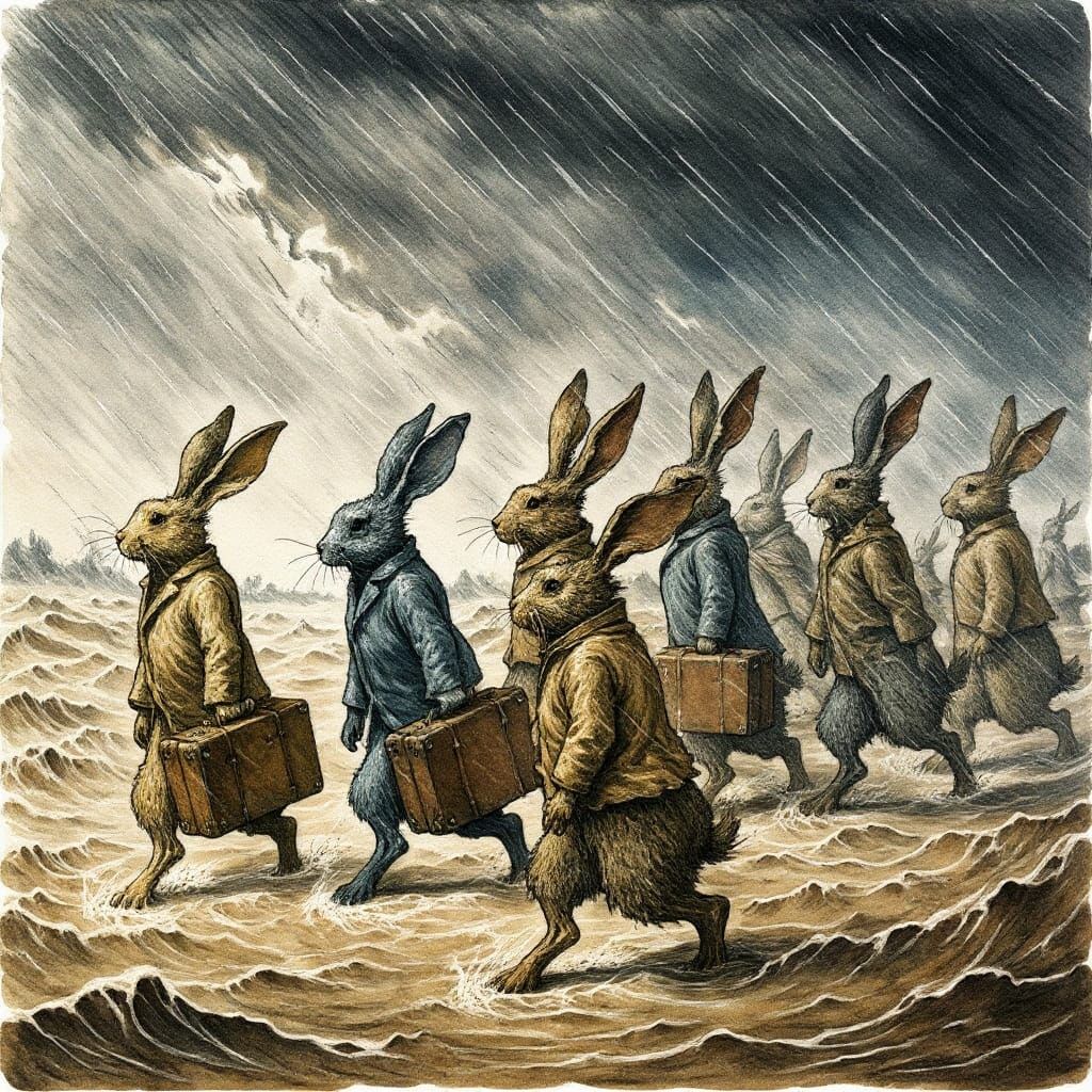 Rabbits in Storm: Egon Schiele, Gustave Dore Style