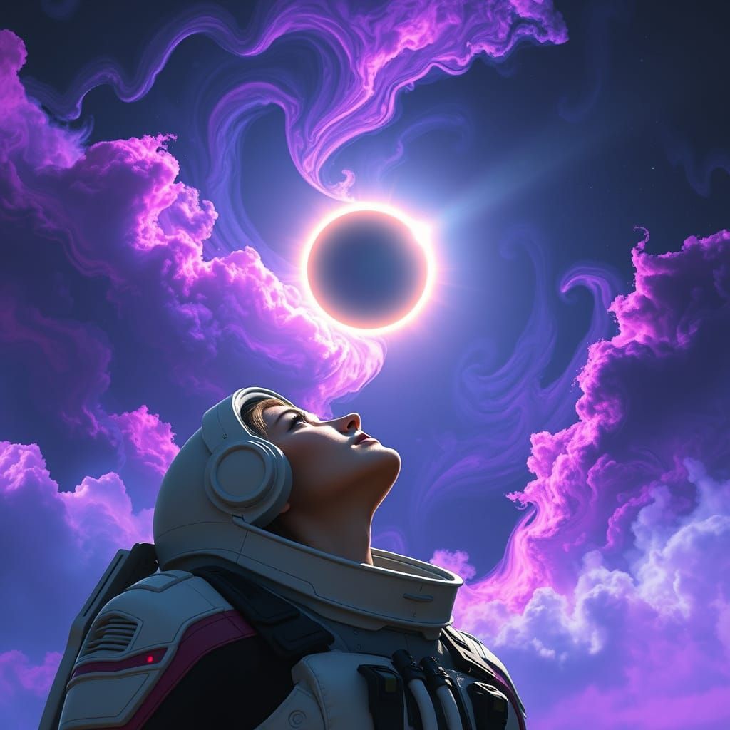 Futuristic Woman Watching Quantum Solar Eclipse
