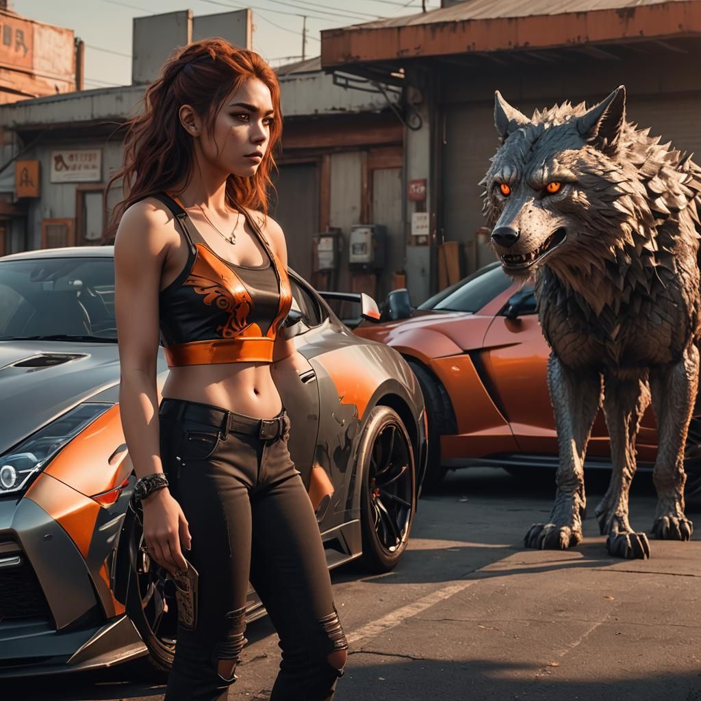 Fiery Werewolf Girl and Electric Blue Nissan GTR