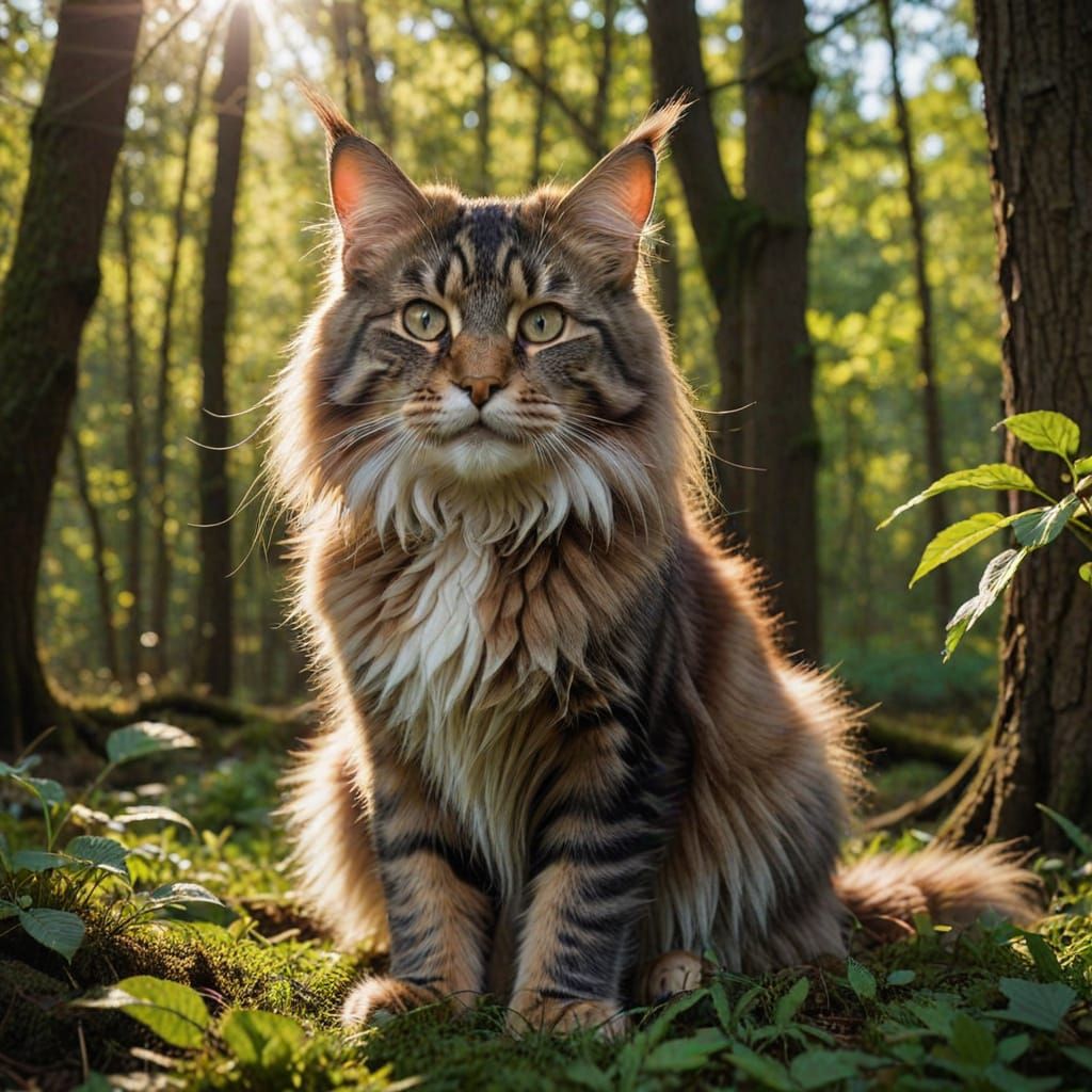 Majestic Maine Coon Cat in Springtime Forest