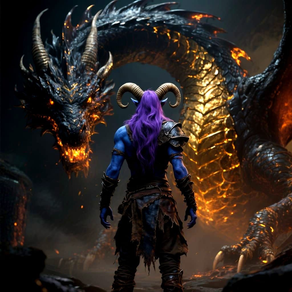 Tiefling Confronts Dragon in Cinematic CGI Scene