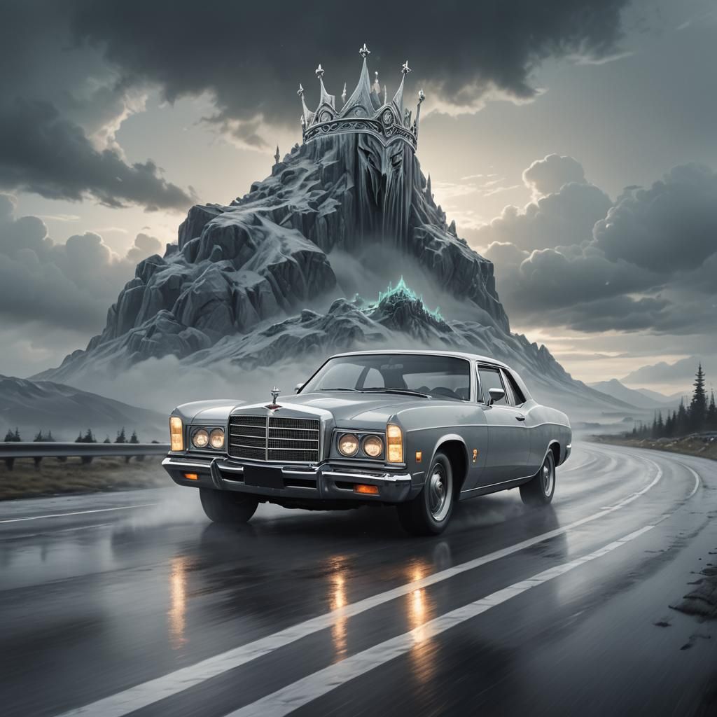 Crowned Car in Misty Landscape: Fantasy Concept Art