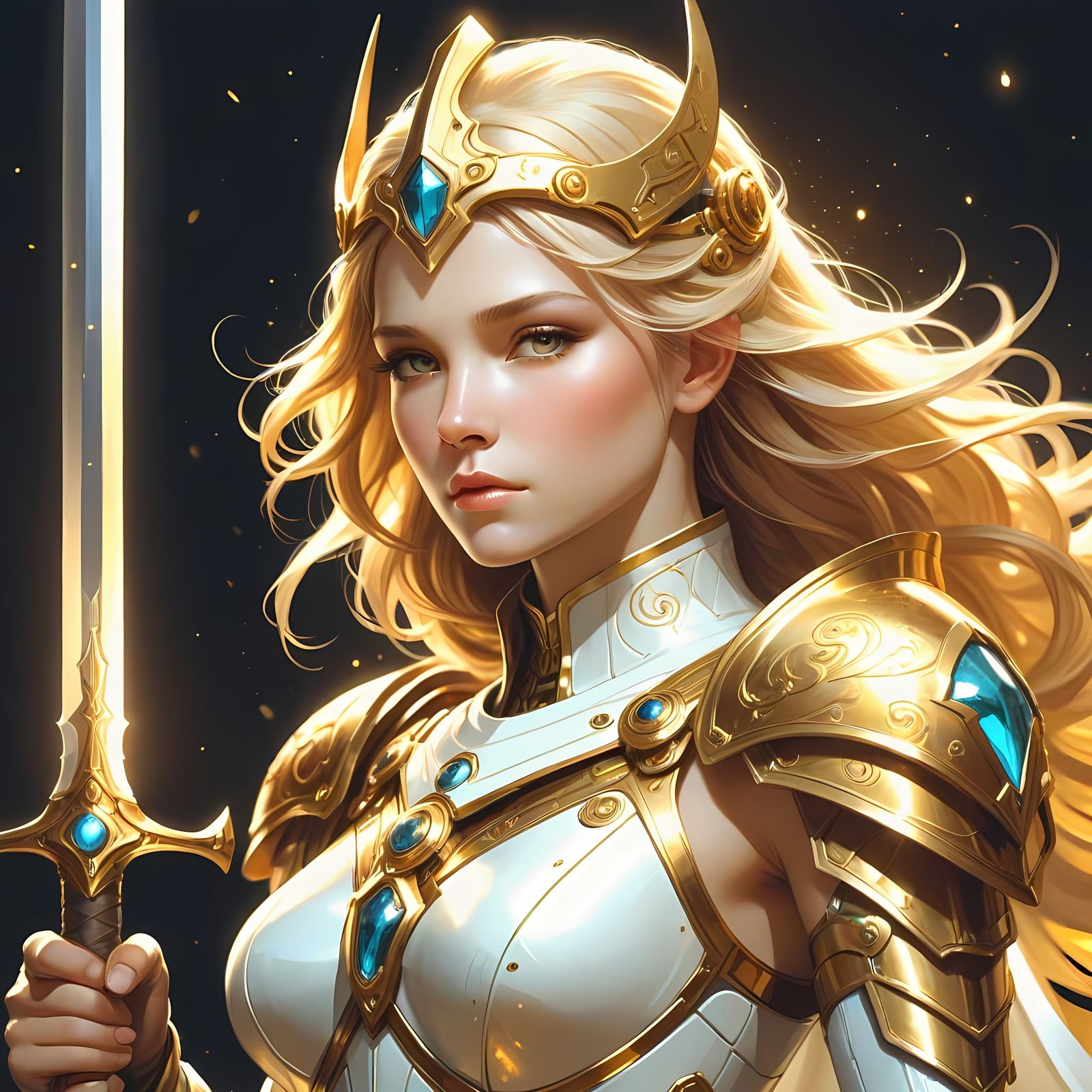 Golden Knight Goddess in Space with Sword