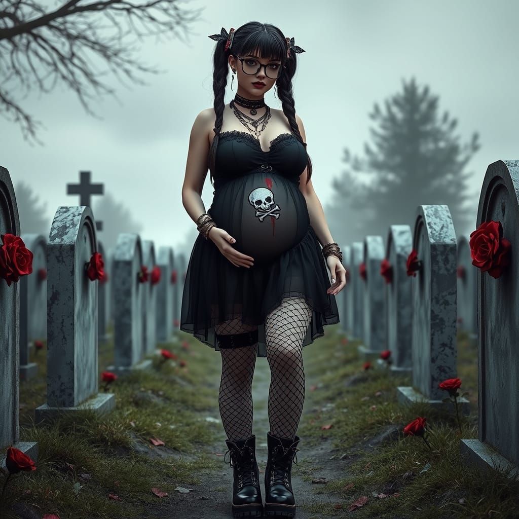 Pregnant Goth Girl in Cemetery, 3D Anime Art