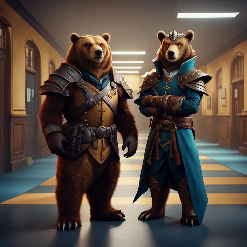 Anthropomorphic Bear and Dragonborn in School Hallway