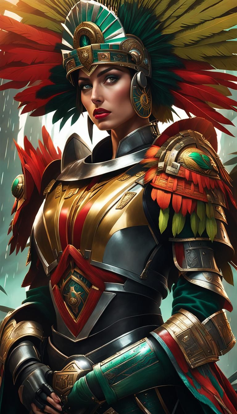 Woman in Cybernetic Armor with Aztec Headdress