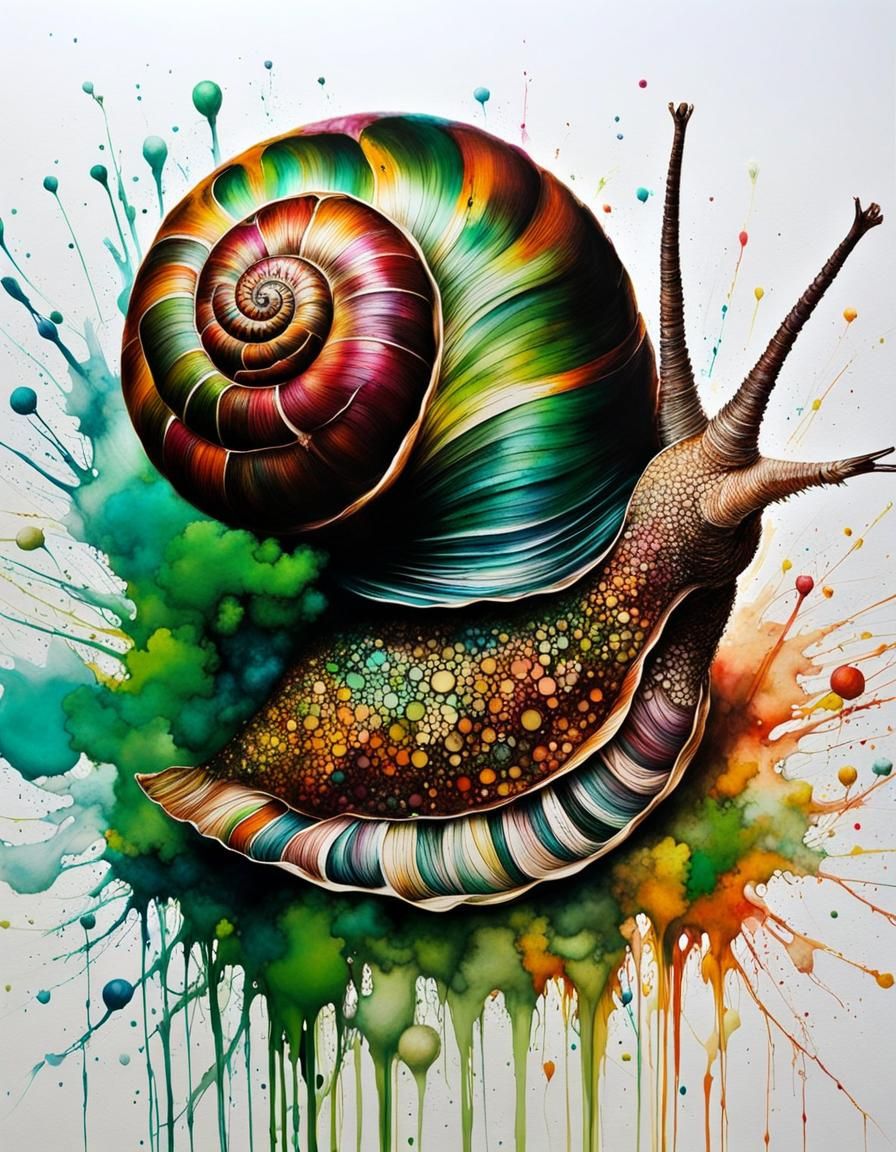 Ink Splatter Snail with Intricate Shell