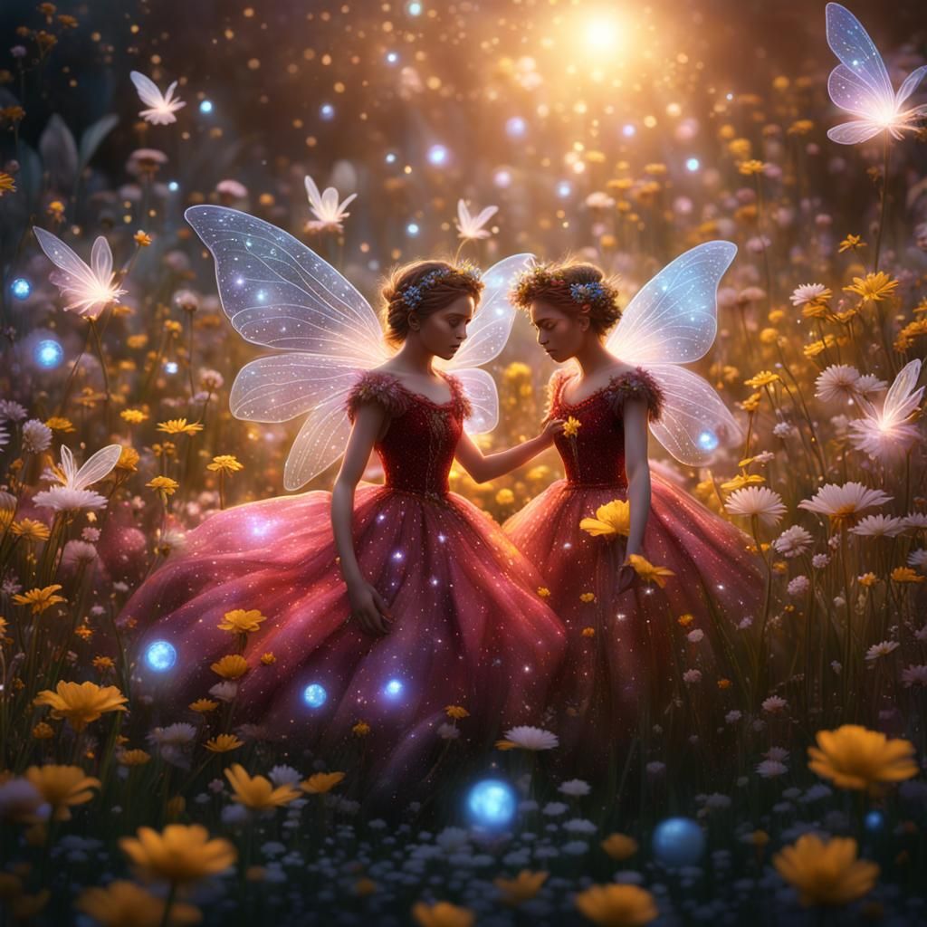 Fairies Floating in a Glittering Flower Field