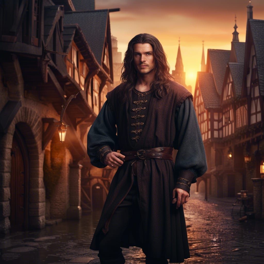 Medieval Man in Town at Sunset: Detailed Matte Painting
