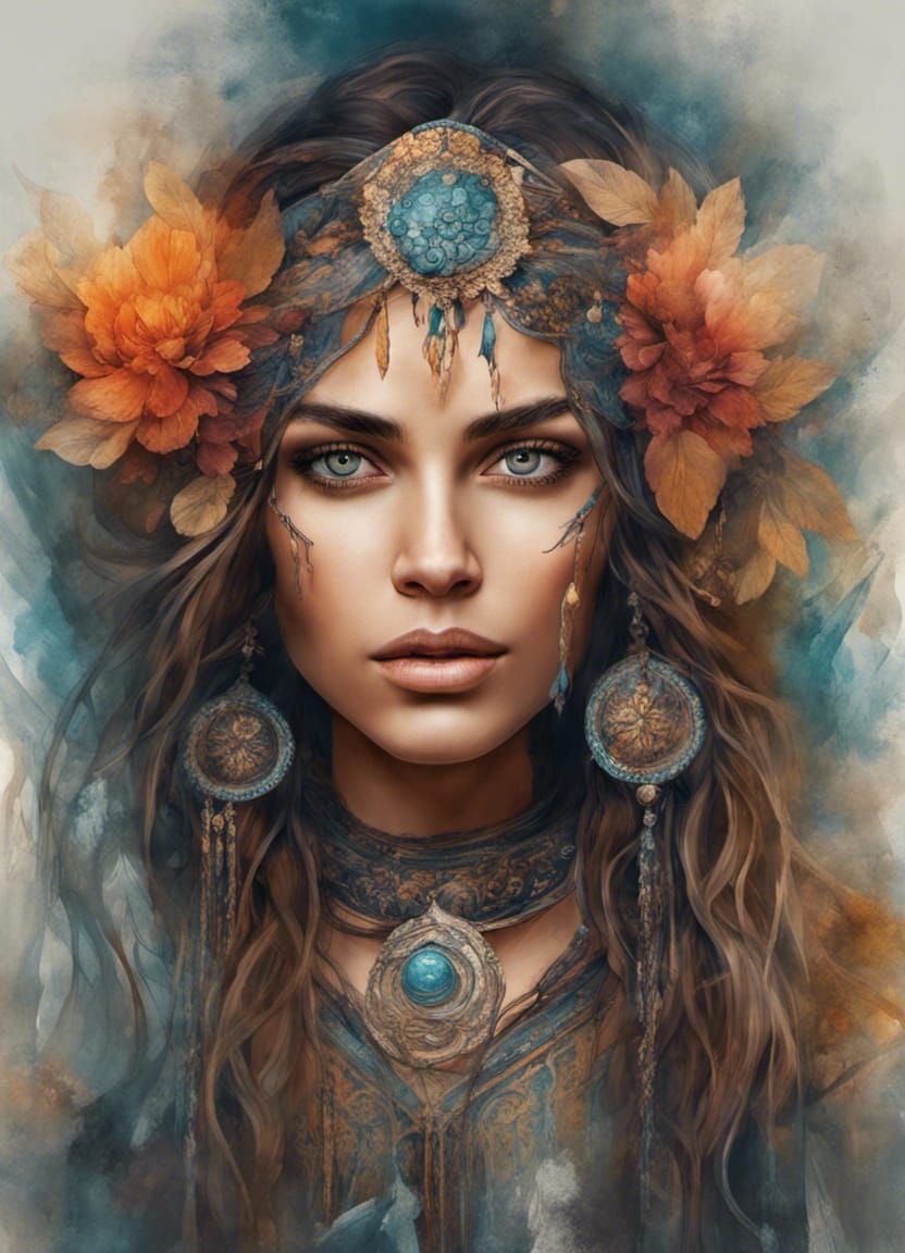 Captivating Gypsy Woman Portrait in Art Nouveau Style
