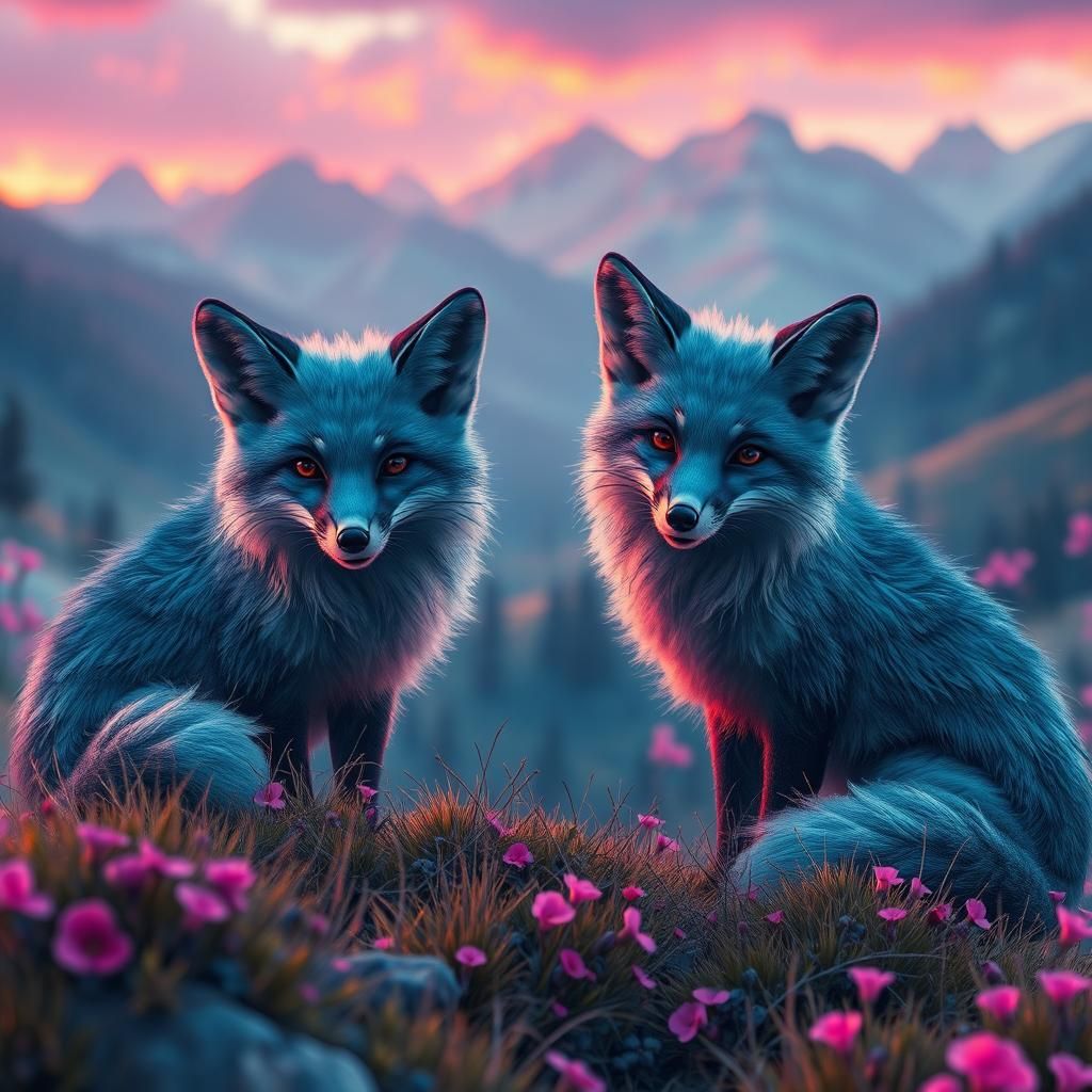 Blue and Pink Foxes in a Mystical Landscape