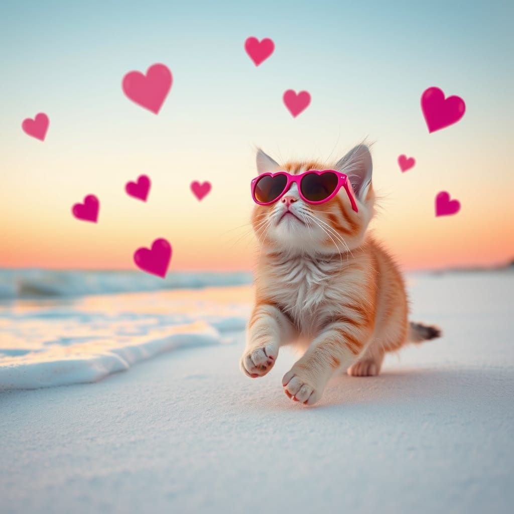 Ragdoll Kitten Chases Hearts on Whimsical Beach