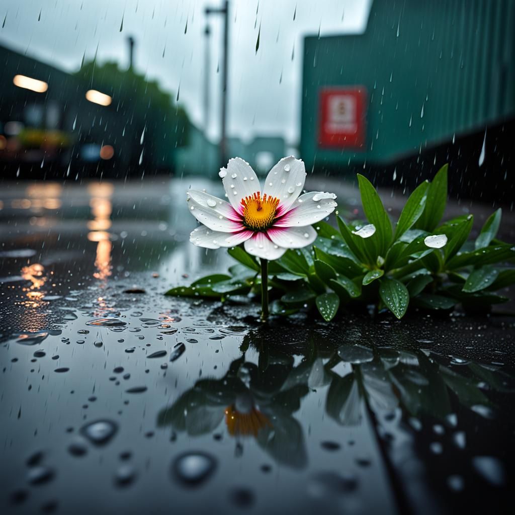 Photorealistic Flower Blooms in Industrial Rain