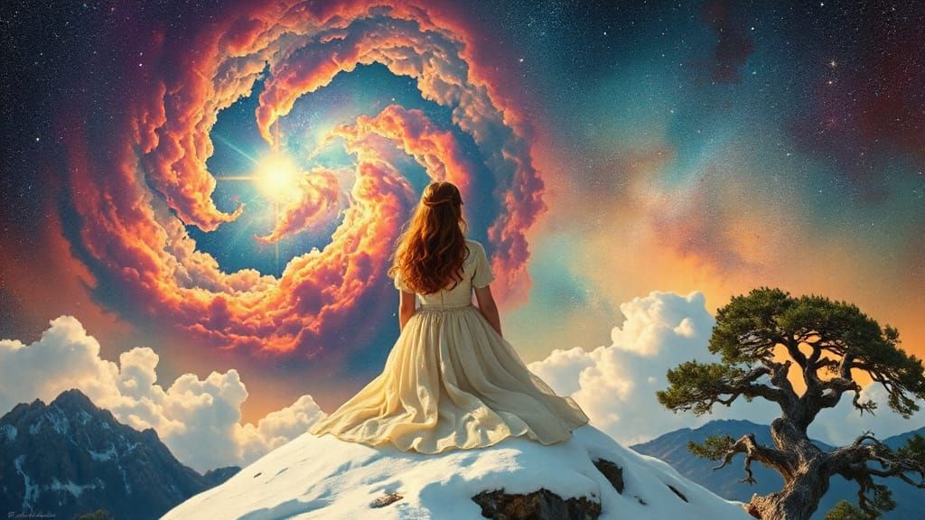 Woman Gazes at Nebula from Mountain Peak