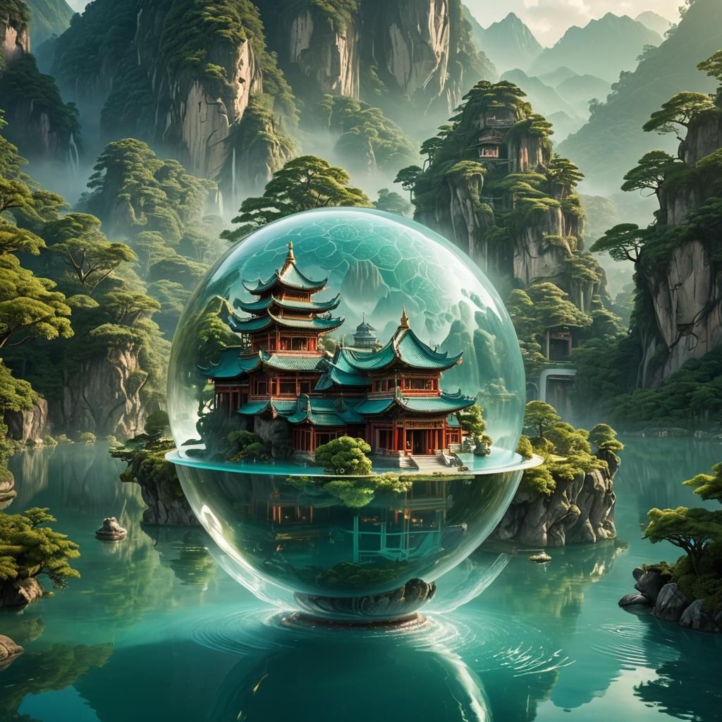 Chinese Temple in Glass Globe on Turquoise Water