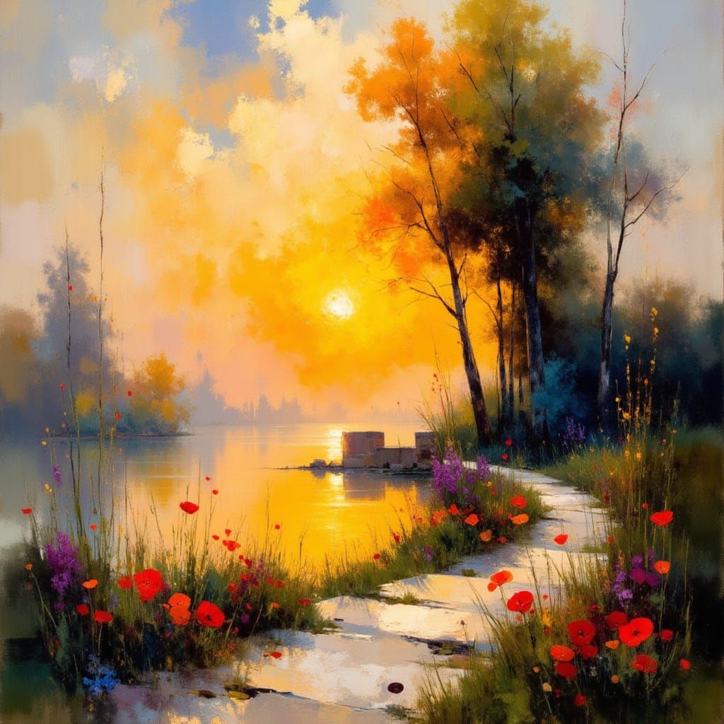 Majestic Sunset on a Serene Lake with Majestic Trees