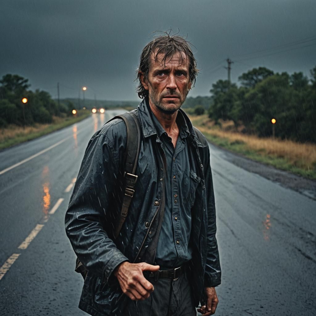Hitchhiker on Rural Road in Dark Expressionist Portrait