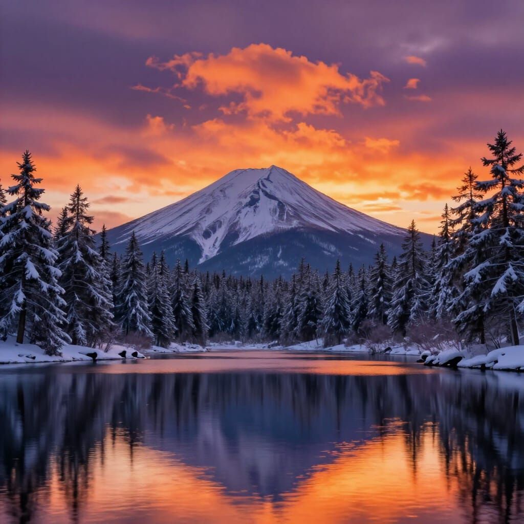 Dramatic Sunset Over Snow-Capped Mountain Lake