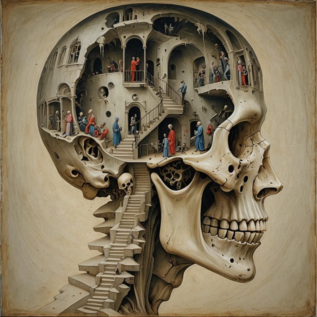 Surreal Interior of Human Head in Hieronymus Bosch Style