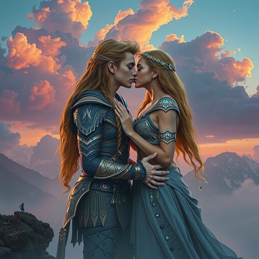 Sensual Amazonian Warrior Kissing Maiden on Mystical Mountai...