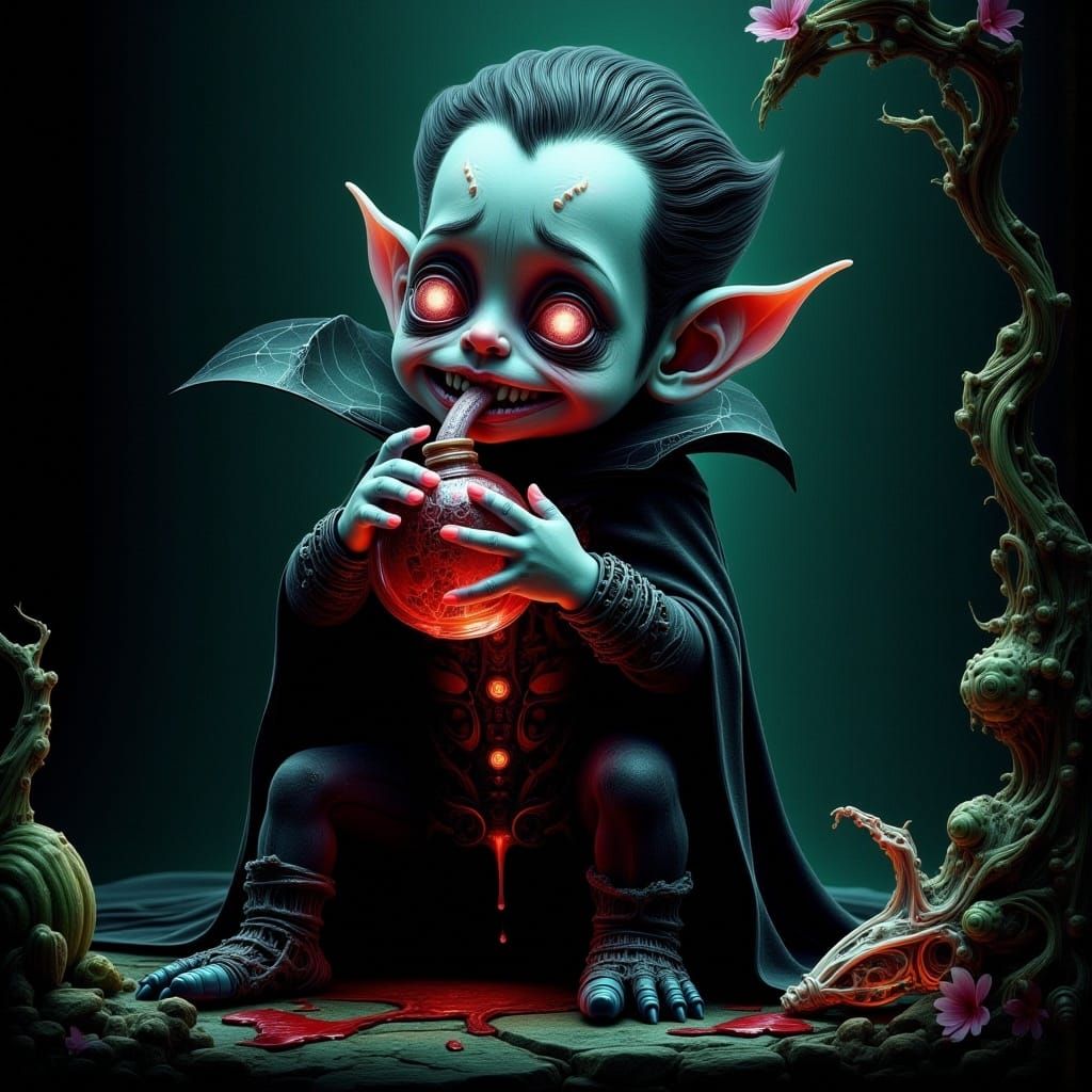 Baby Dracula Sipping Blood in Gothic Setting