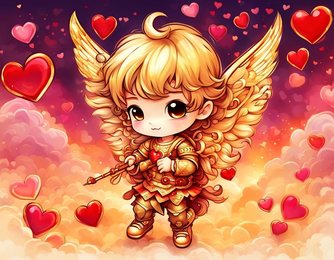 Psychedelic Golden Chibi Cupid with Hearts