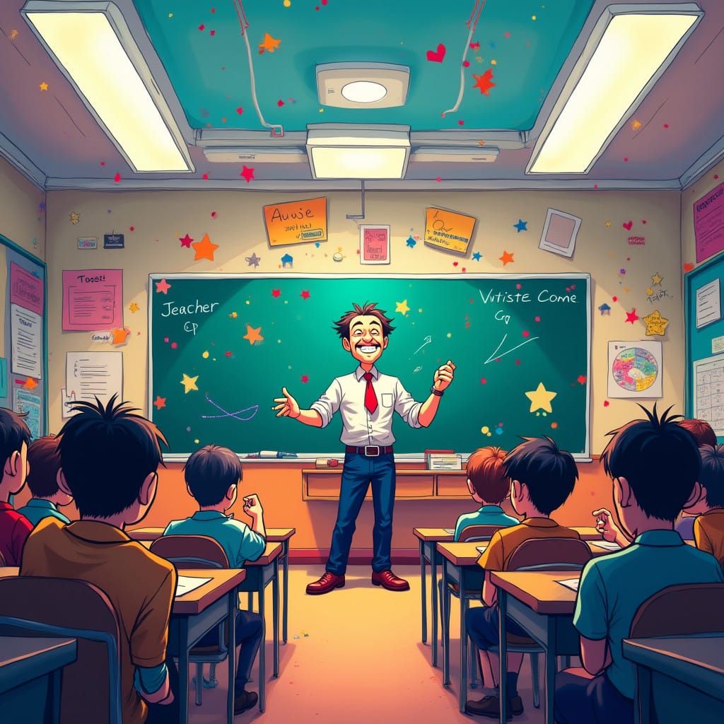 Eccentric Teacher Shines in Colorful Anime Classroom Scene