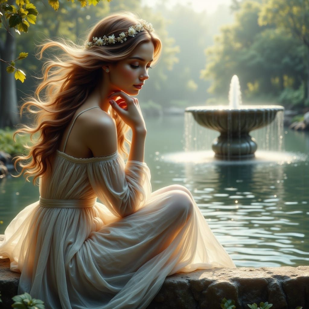 Dreamy Portrait of Woman by Fountain in Fantasy Art