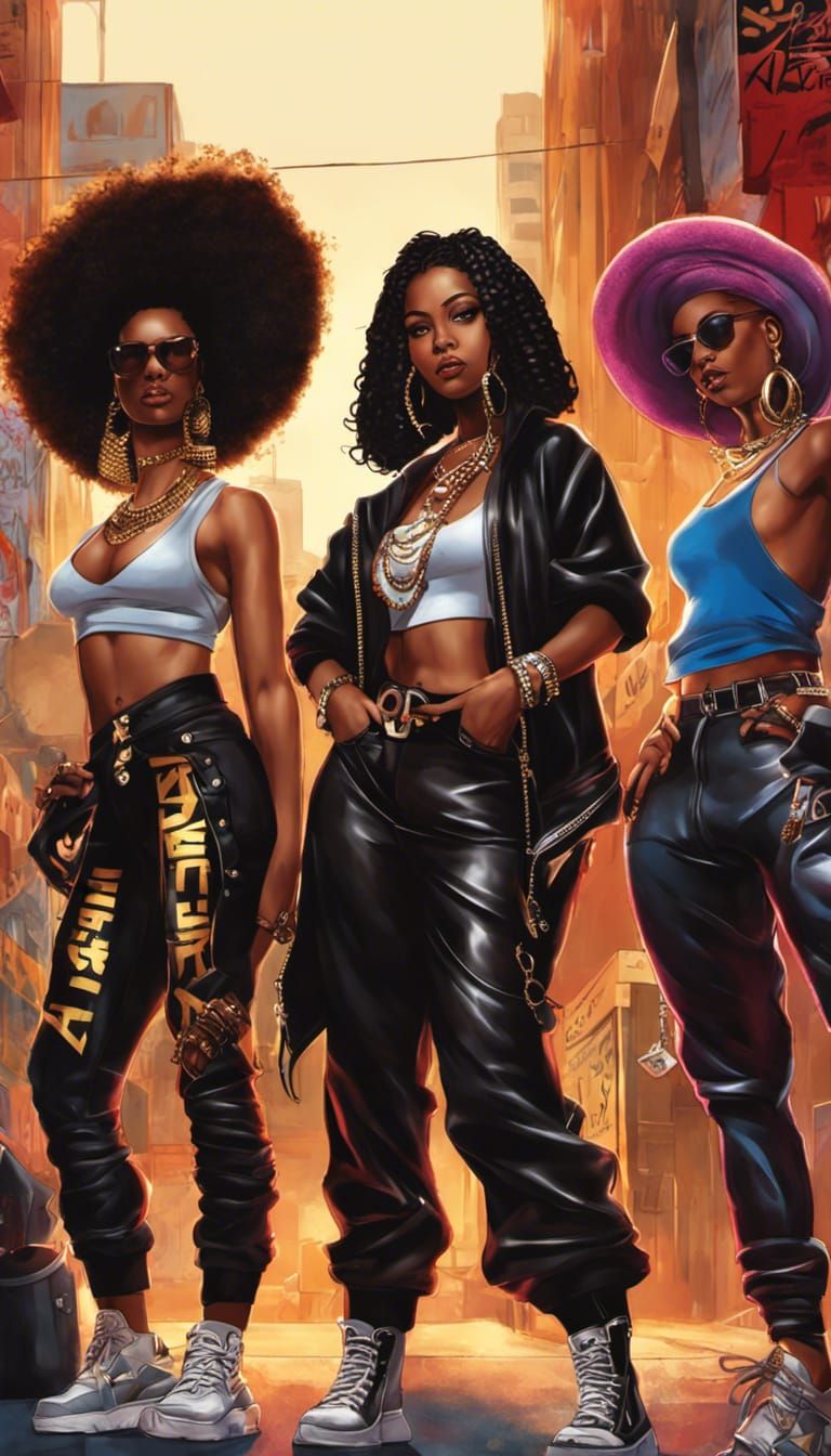Dynamic Group of Female Rappers in Graffiti Setting